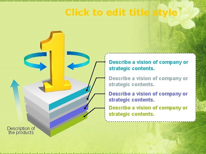 Click to edit title style Describe a vision of company or strategic contents. Description