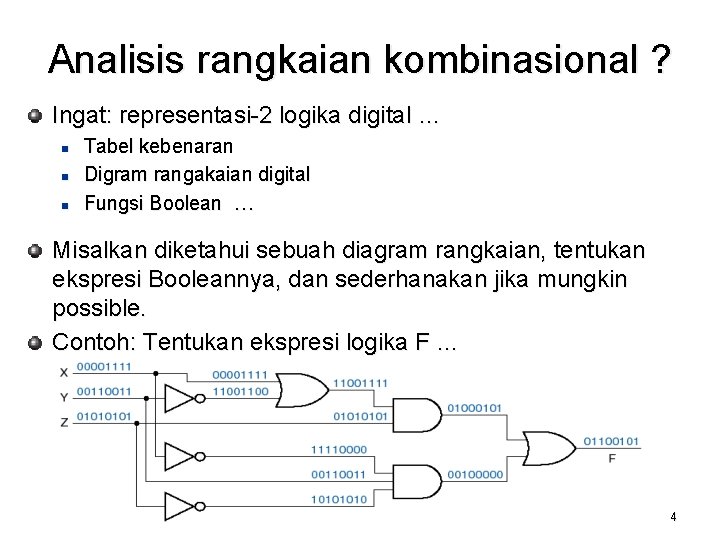 Analisis rangkaian kombinasional ? Ingat: representasi-2 logika digital … n n n Tabel kebenaran
