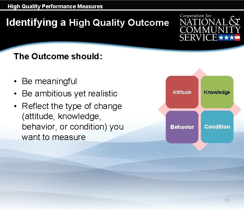 High Quality Performance Measures Identifying a High Quality Outcome The Outcome should: • Be