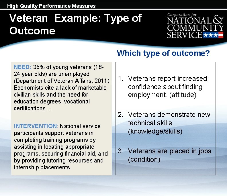 High Quality Performance Measures Veteran Example: Type of Outcome Which type of outcome? NEED: