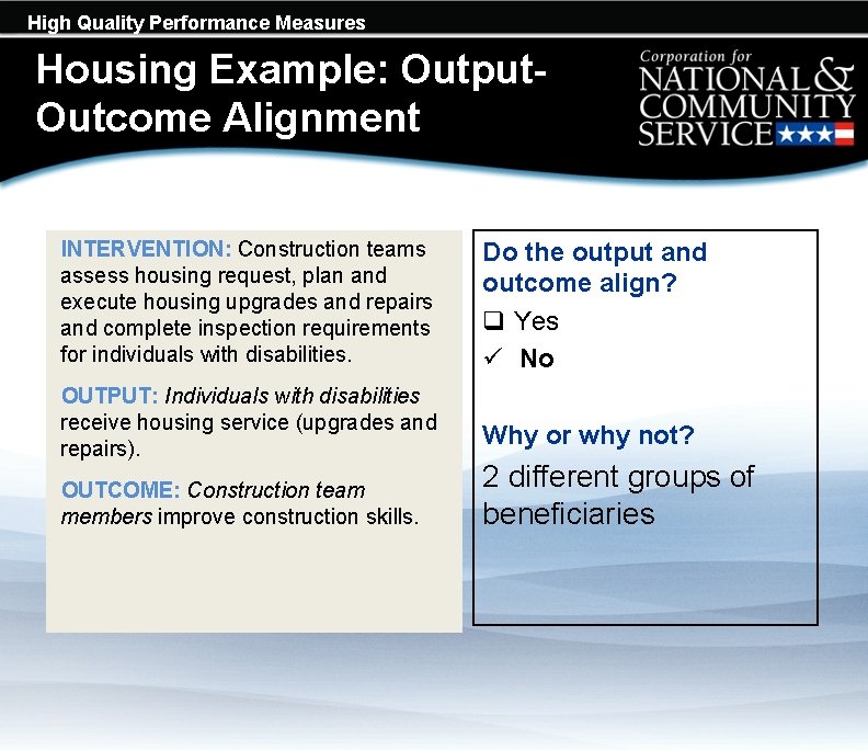 High Quality Performance Measures Housing Example: Output. Outcome Alignment INTERVENTION: Construction teams assess housing