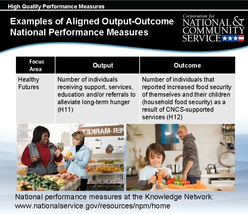 High Quality Performance Measures Examples of Aligned Output-Outcome National Performance Measures Focus Area Healthy