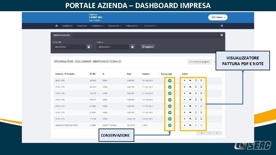 PORTALE AZIENDA – DASHBOARD IMPRESA VISUALIZZATORE FATTURA PDF E NOTE CONSERVAZIONE 