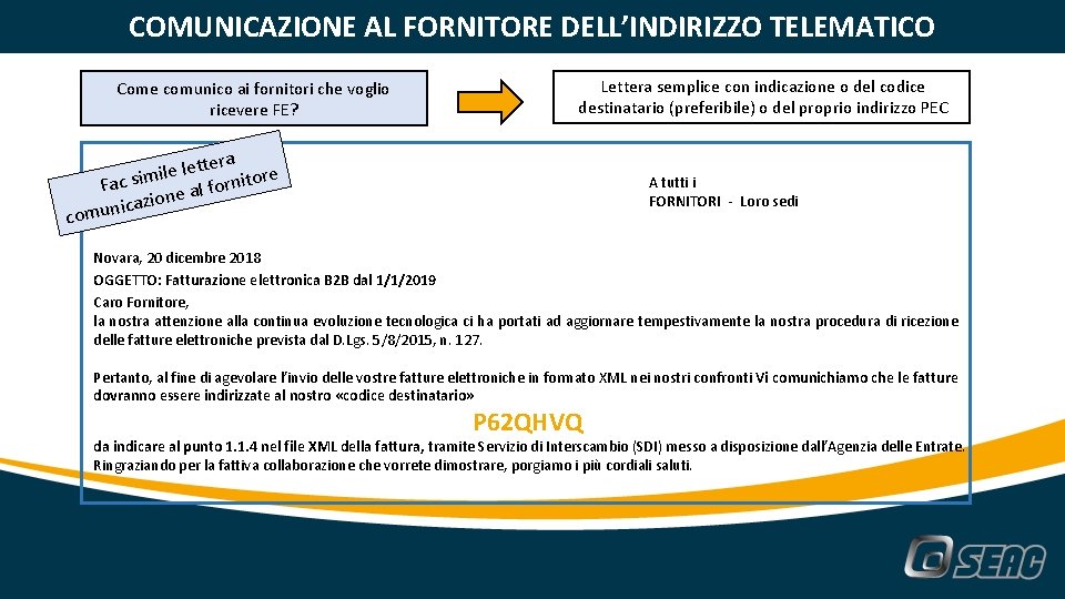 COMUNICAZIONE AL FORNITORE DELL’INDIRIZZO TELEMATICO Come comunico ai fornitori che voglio ricevere FE? Lettera