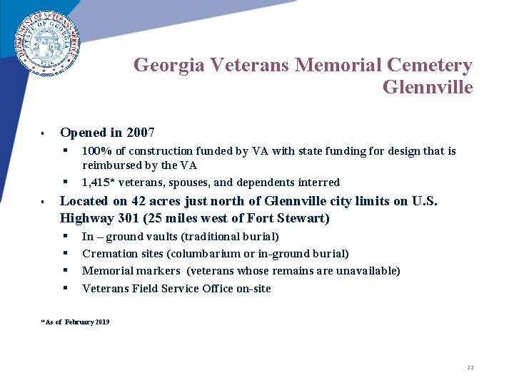 Georgia Veterans Memorial Cemetery Glennville § Opened in 2007 § § § 100% of Georgia Veterans Memorial Cemetery Glennville § Opened in 2007 § § § 100% of