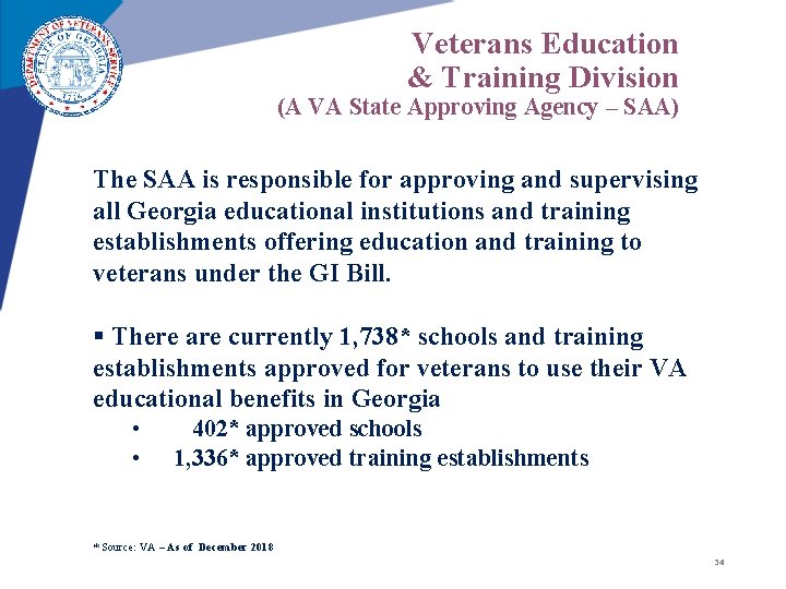 Veterans Education & Training Division (A VA State Approving Agency – SAA) The SAA Veterans Education & Training Division (A VA State Approving Agency – SAA) The SAA