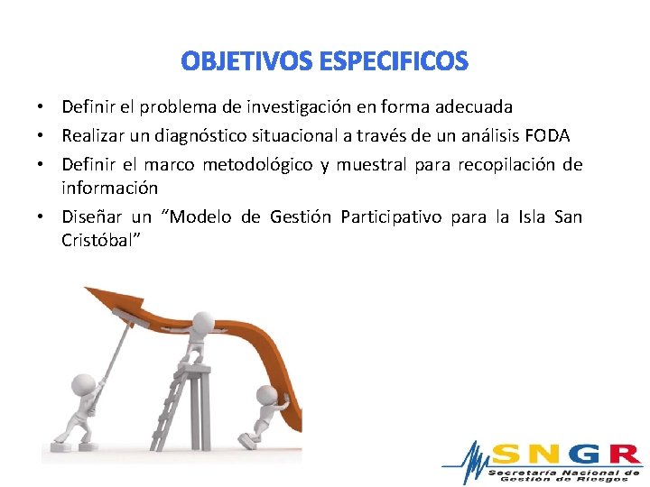 OBJETIVOS ESPECIFICOS • Definir el problema de investigación en forma adecuada • Realizar un