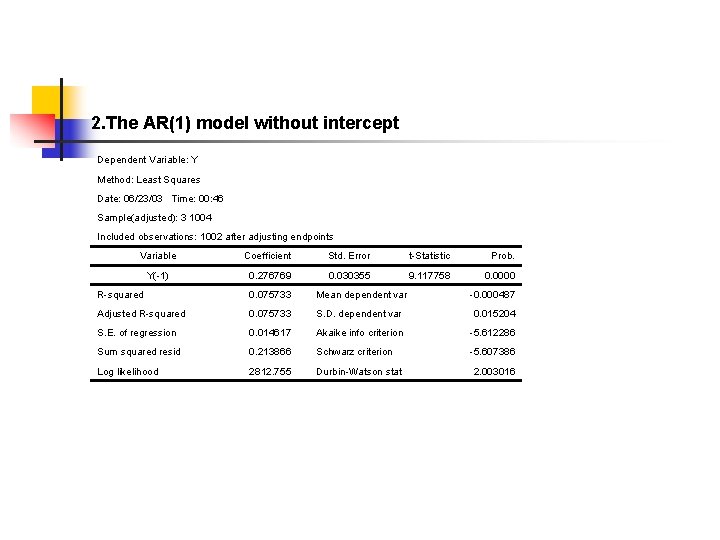 2. The AR(1) model without intercept Dependent Variable: Y Method: Least Squares Date: 06/23/03