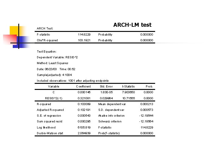 ARCH-LM test ARCH Test: F-statistic 114. 8229 Probability 0. 000000 Obs*R-squared 103. 1921 Probability