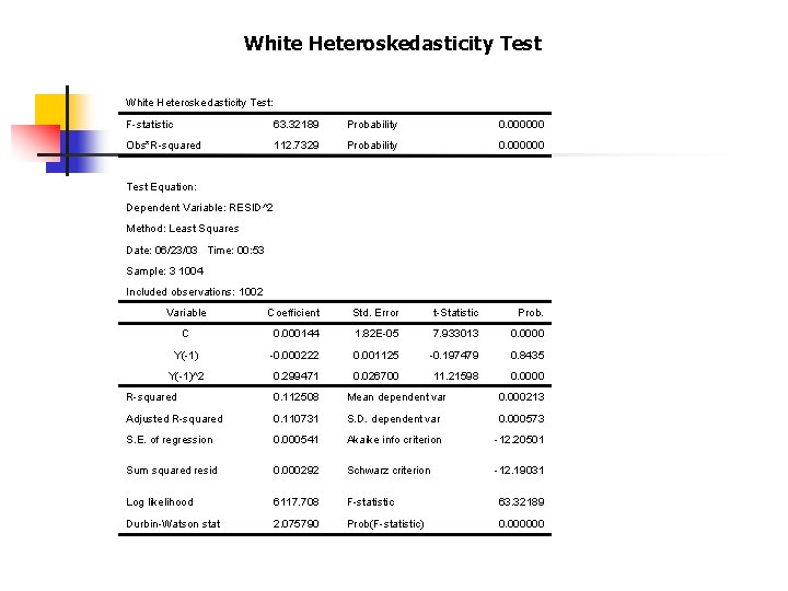 White Heteroskedasticity Test: F-statistic 63. 32189 Probability 0. 000000 Obs*R-squared 112. 7329 Probability 0.