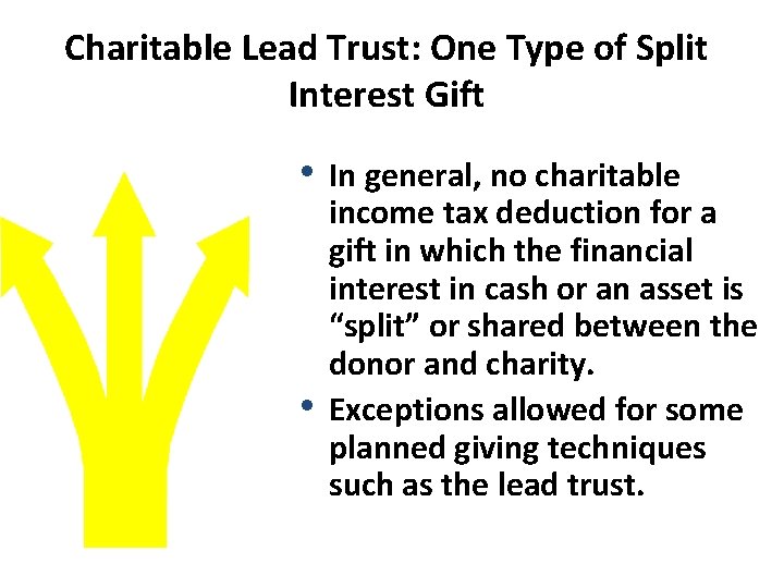 Charitable Lead Trust: One Type of Split Interest Gift • In general, no charitable