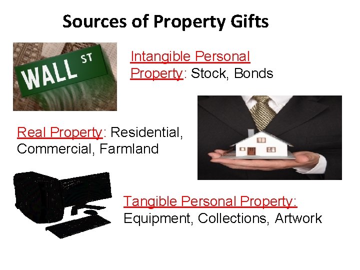 Sources of Property Gifts Intangible Personal Property: Stock, Bonds Real Property: Residential, Commercial, Farmland