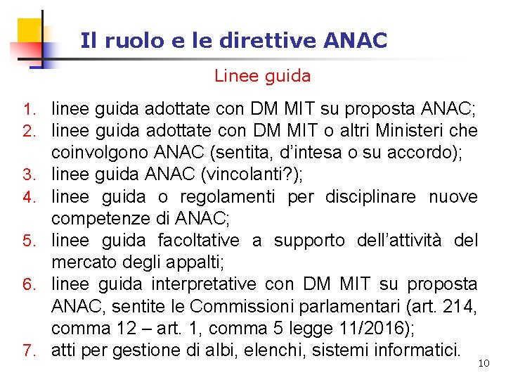 Il ruolo e le direttive ANAC Linee guida 1. linee guida adottate con DM Il ruolo e le direttive ANAC Linee guida 1. linee guida adottate con DM