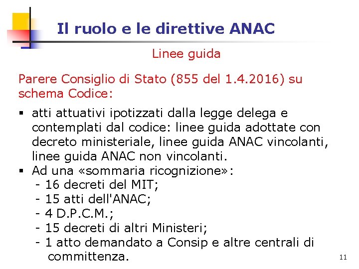 Il ruolo e le direttive ANAC Linee guida Parere Consiglio di Stato (855 del Il ruolo e le direttive ANAC Linee guida Parere Consiglio di Stato (855 del