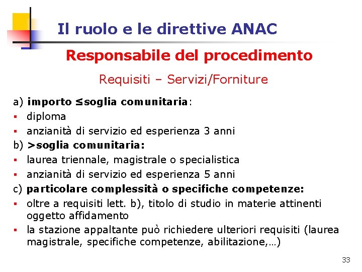 Il ruolo e le direttive ANAC Responsabile del procedimento Requisiti – Servizi/Forniture a) importo Il ruolo e le direttive ANAC Responsabile del procedimento Requisiti – Servizi/Forniture a) importo