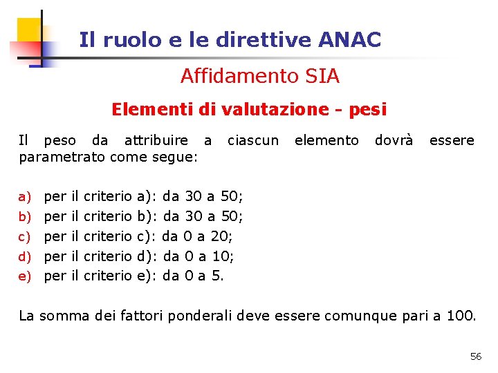 Il ruolo e le direttive ANAC Affidamento SIA Elementi di valutazione - pesi Il Il ruolo e le direttive ANAC Affidamento SIA Elementi di valutazione - pesi Il