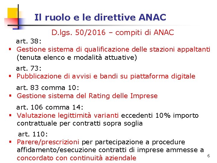Il ruolo e le direttive ANAC D. lgs. 50/2016 – compiti di ANAC art. Il ruolo e le direttive ANAC D. lgs. 50/2016 – compiti di ANAC art.