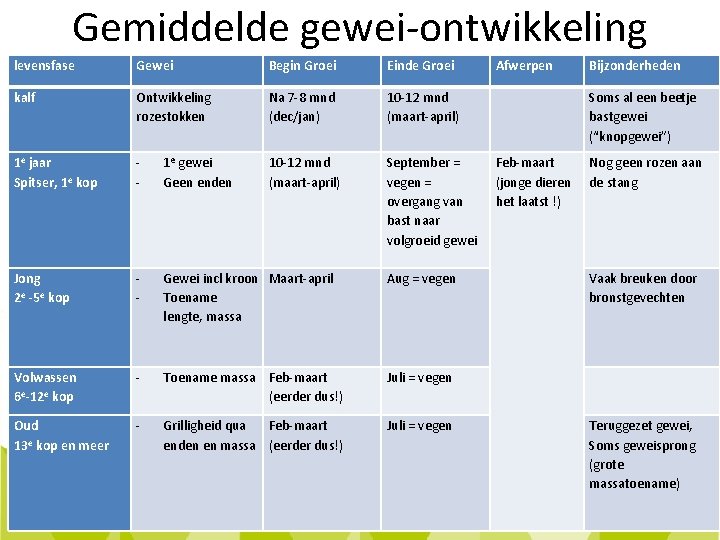 Gemiddelde gewei-ontwikkeling levensfase Gewei Begin Groei Einde Groei Afwerpen Bijzonderheden kalf Ontwikkeling rozestokken Na