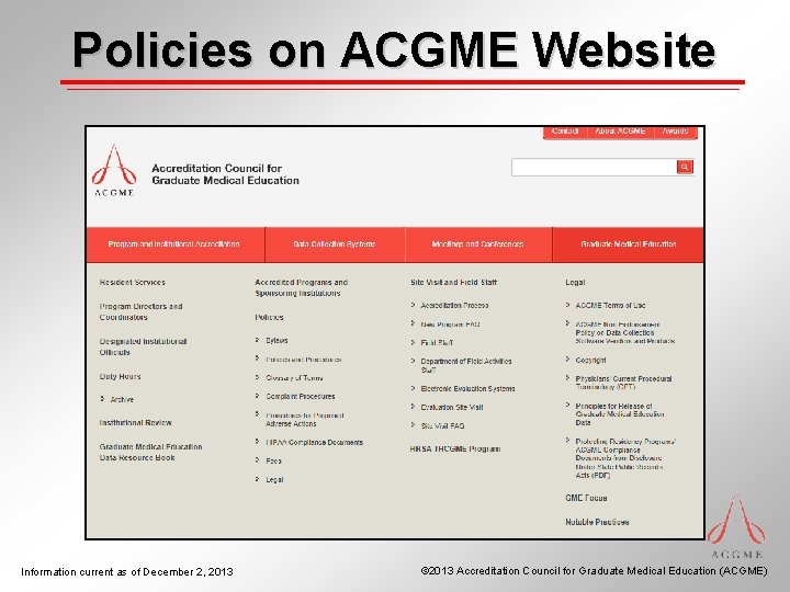 Policies on ACGME Website Information current as of December 2, 2013 © 2013 Accreditation