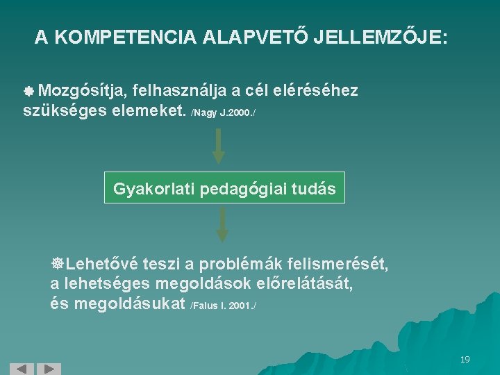 A KOMPETENCIA ALAPVETŐ JELLEMZŐJE: Mozgósítja, felhasználja a cél eléréséhez szükséges elemeket. /Nagy J. 2000.
