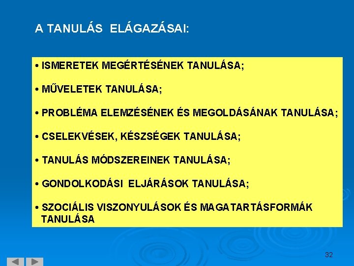 A TANULÁS ELÁGAZÁSAI: • ISMERETEK MEGÉRTÉSÉNEK TANULÁSA; • MŰVELETEK TANULÁSA; • PROBLÉMA ELEMZÉSÉNEK ÉS