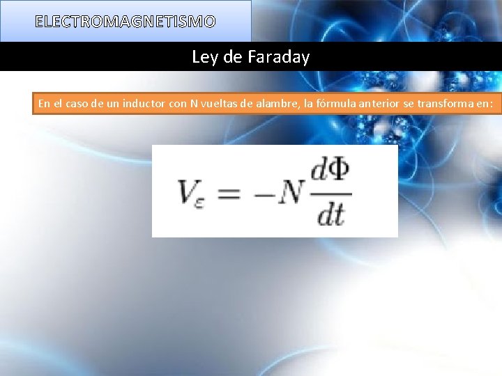 ELECTROMAGNETISMO Ley de Faraday En el caso de un inductor con N vueltas de