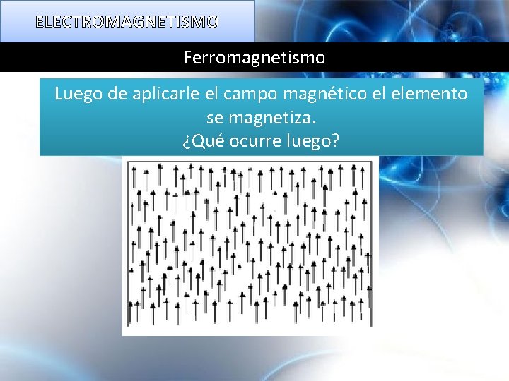 ELECTROMAGNETISMO Ferromagnetismo Luego de aplicarle el campo magnético el elemento se magnetiza. ¿Qué ocurre