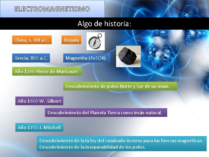 ELECTROMAGNETISMO Algo de historia: China, s. XIII a. C. Grecia. 800 a. C. Brújula