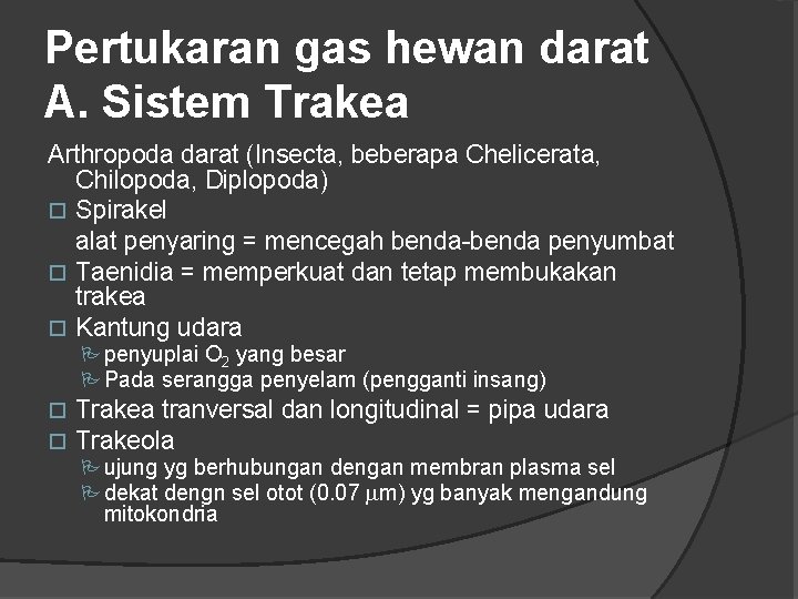 Pertukaran gas hewan darat A. Sistem Trakea Arthropoda darat (Insecta, beberapa Chelicerata, Chilopoda, Diplopoda)