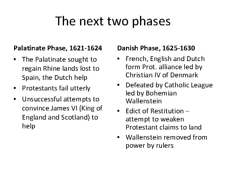 The next two phases Palatinate Phase, 1621 -1624 • The Palatinate sought to regain The next two phases Palatinate Phase, 1621 -1624 • The Palatinate sought to regain