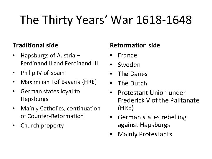 The Thirty Years’ War 1618 -1648 Traditional side • Hapsburgs of Austria – Ferdinand The Thirty Years’ War 1618 -1648 Traditional side • Hapsburgs of Austria – Ferdinand