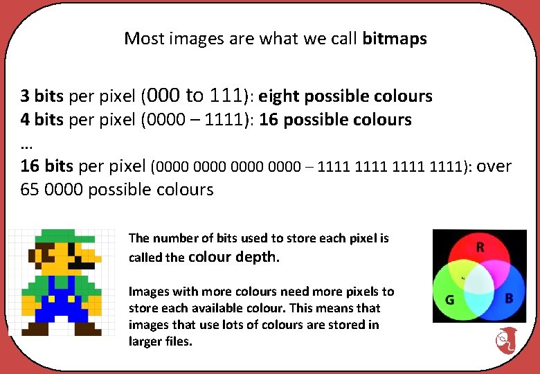 Most images are what we call bitmaps 3 bits per pixel (000 to 111):