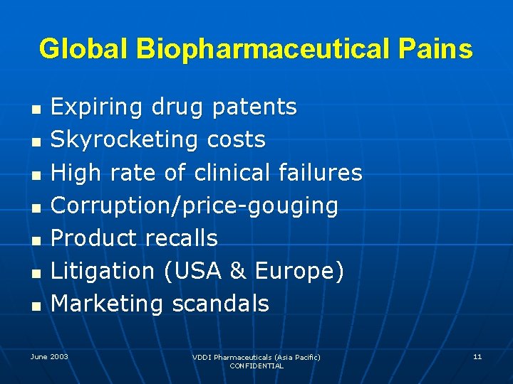 Global Biopharmaceutical Pains n n n n Expiring drug patents Skyrocketing costs High rate