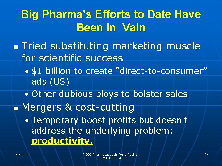 Big Pharma’s Efforts to Date Have Been in Vain n Tried substituting marketing muscle