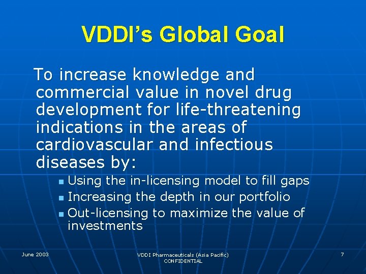 VDDI’s Global Goal To increase knowledge and commercial value in novel drug development for