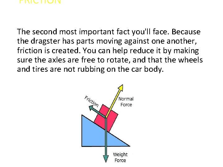 FRICTION The second most important fact you'll face. Because the dragster has parts moving