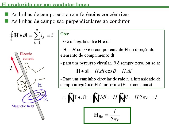H produzido por um condutor longo n As linhas de campo são circunferências concêntricas