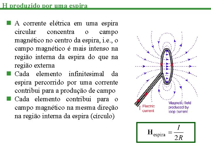 H produzido por uma espira n A corrente elétrica em uma espira circular concentra