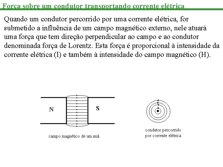 Força sobre um condutor transportando corrente elétrica Quando um condutor percorrido por uma corrente