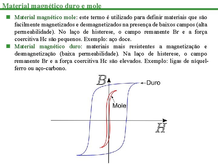 Material magnético duro e mole n Material magnético mole: este termo é utilizado para