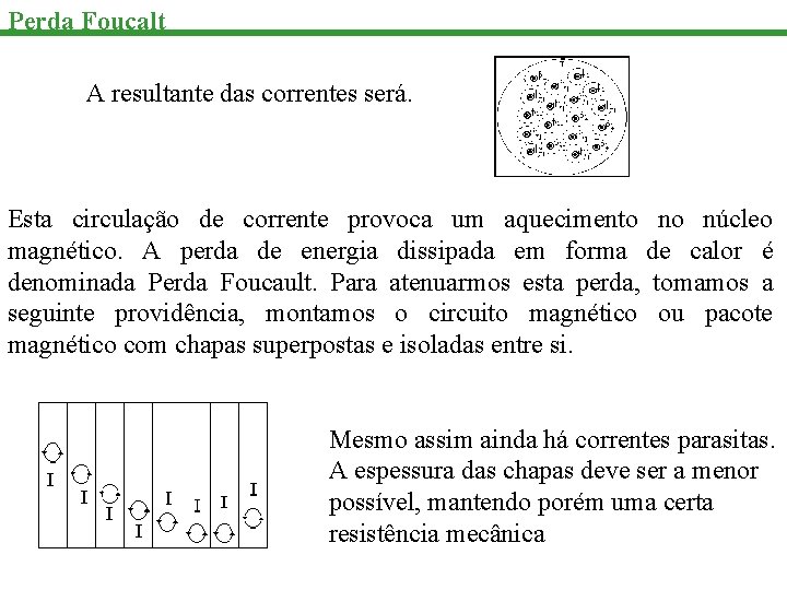 Perda Foucalt A resultante das correntes será. Esta circulação de corrente provoca um aquecimento