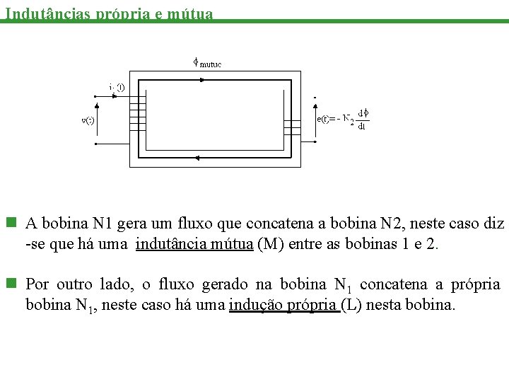 Indutâncias própria e mútua n A bobina N 1 gera um fluxo que concatena