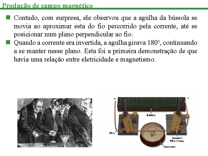 Produção de campo magnético n Contudo, com surpresa, ele observou que a agulha da