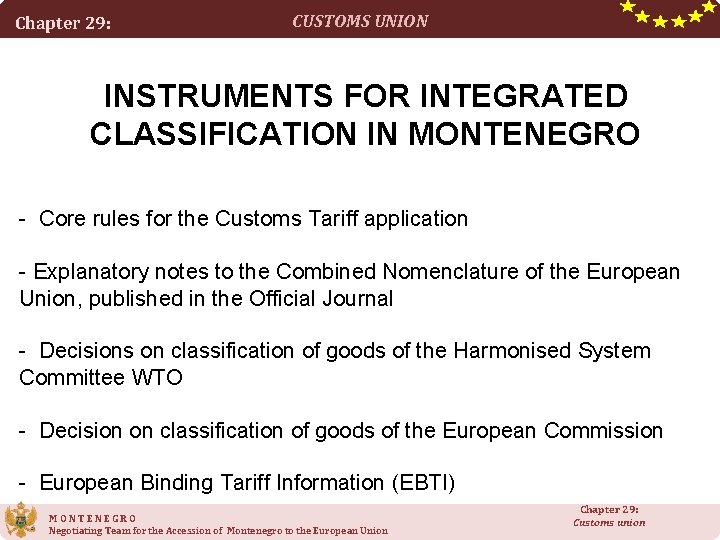 Chapter 29: CUSTOMS UNION INSTRUMENTS FOR INTEGRATED CLASSIFICATION IN MONTENEGRO - Core rules for