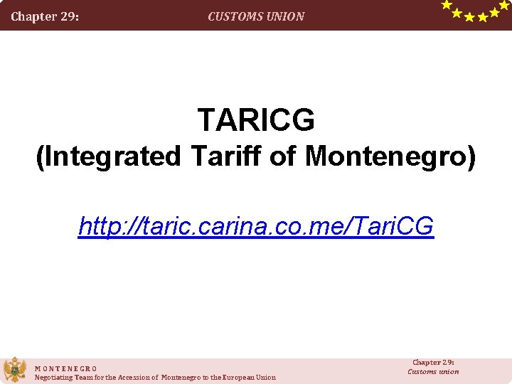 Chapter 29: CUSTOMS UNION TARICG (Integrated Tariff of Montenegro) http: //taric. carina. co. me/Tari.