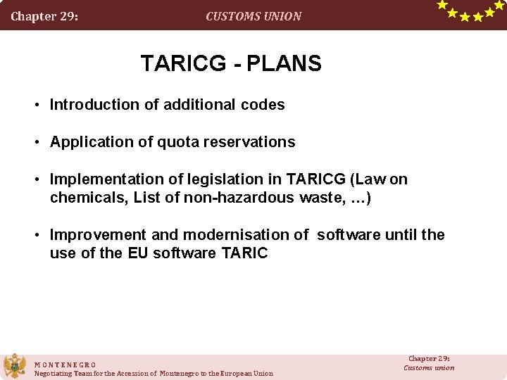 Chapter 29: CUSTOMS UNION TARICG - PLANS • Introduction of additional codes • Application