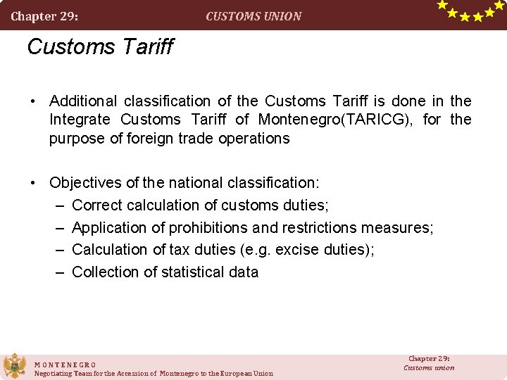 Chapter 29: CUSTOMS UNION Customs Tariff • Additional classification of the Customs Tariff is