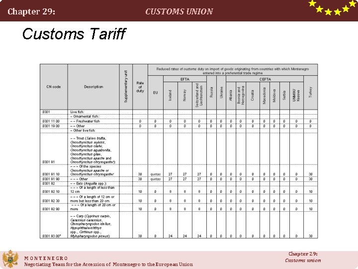 Chapter 29: CUSTOMS UNION Customs Tariff MONTENEGRO Negotiating Team for the Accession of Montenegro