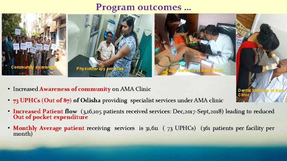 Program outcomes … Community awareness Physiotherapy services Paed. Services at Ama Clinic • Increased