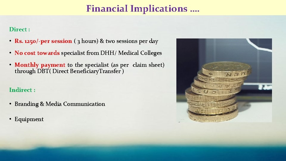 Financial Implications …. Direct : • Rs. 1250/-per session ( 3 hours) & two